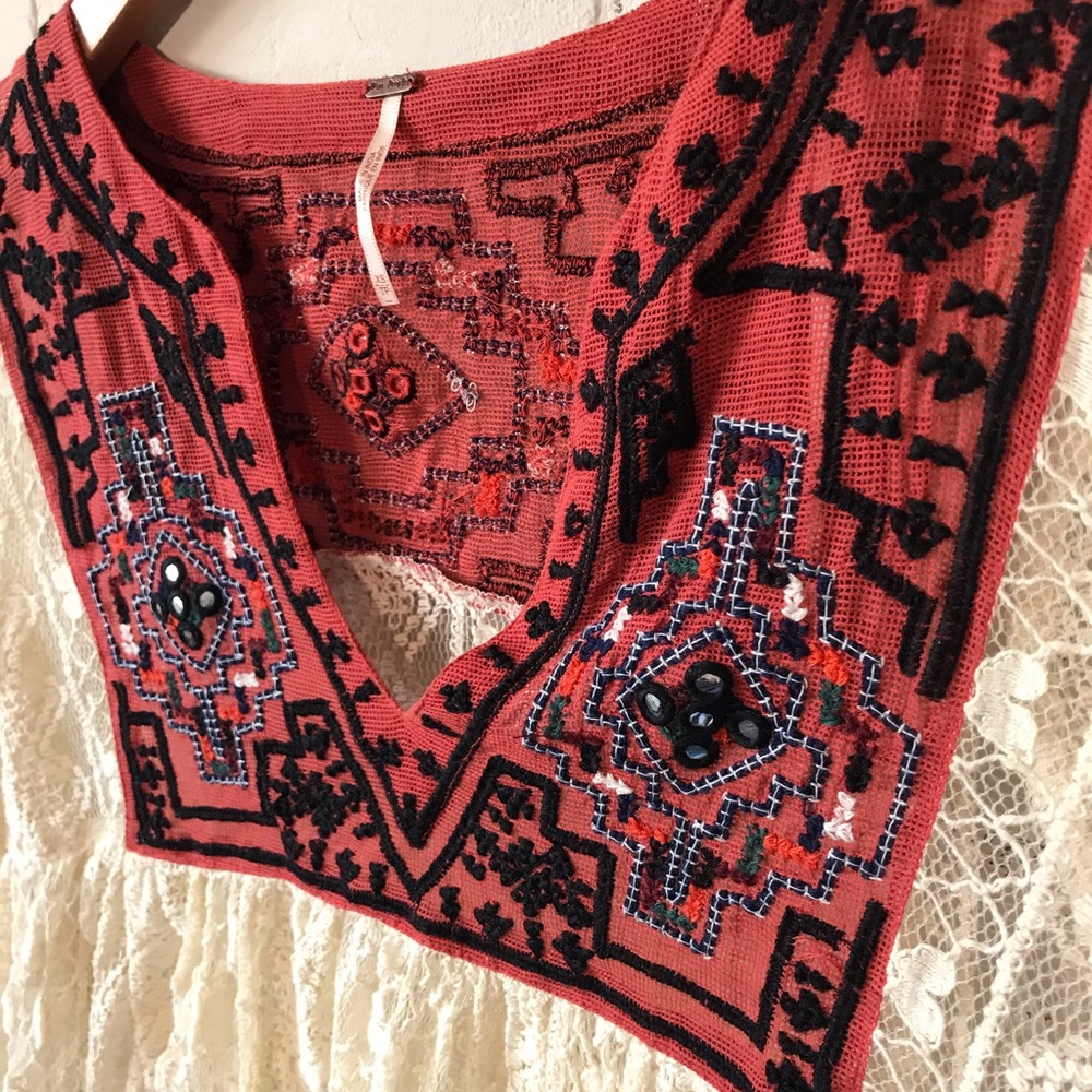 Free People Cream Flowy Lace Top with Red Embroidery - Picture 8 of 8